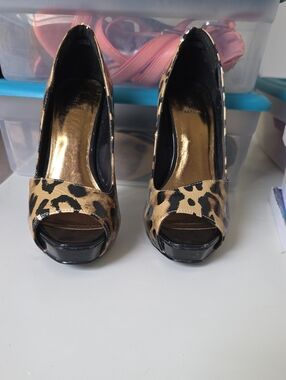 Bakers Leopard Print Peep Toe Heels - Black & Brown